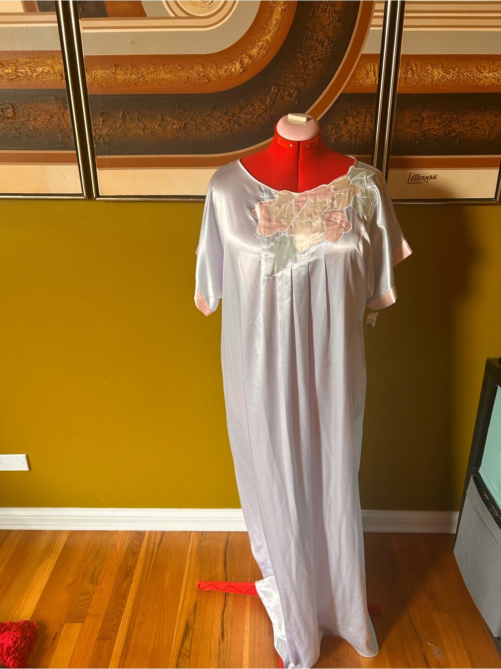 Vintage Satin Long Nightgown with Pastel Floral Appliqué - Light Lavender & Pink